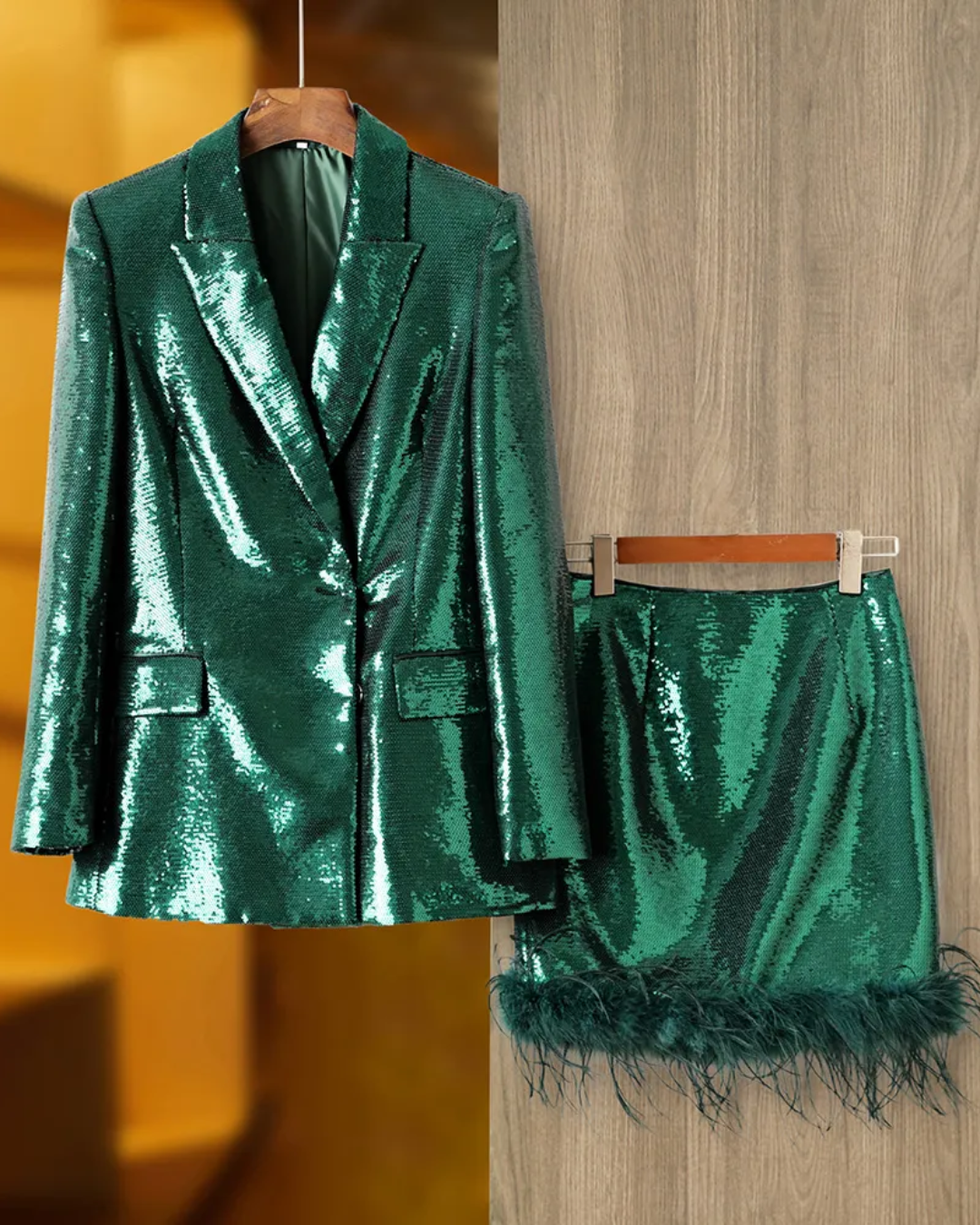 Sequin Blazer & Tassel Skirt Set Green S 