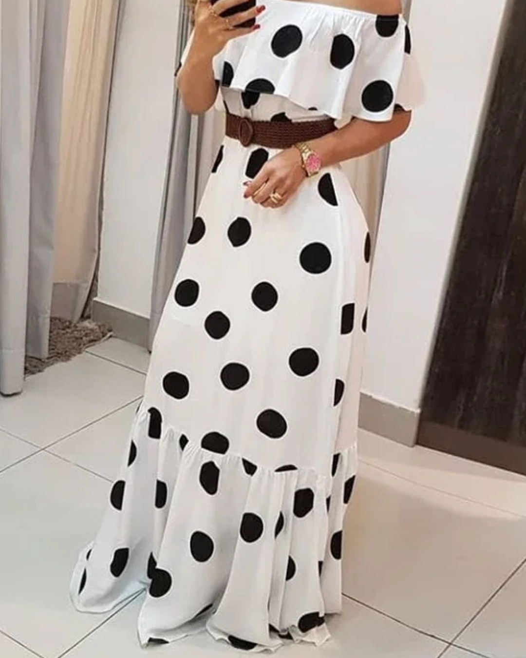 Off Shoulder Polkadot Print Maxi Dress   