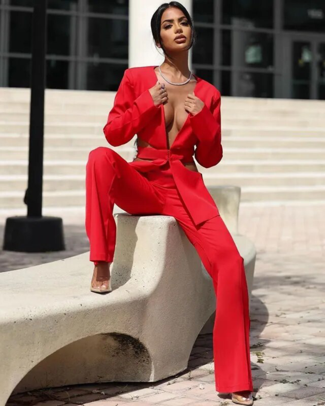 V Neck Blazer Top & Long Pants Set   