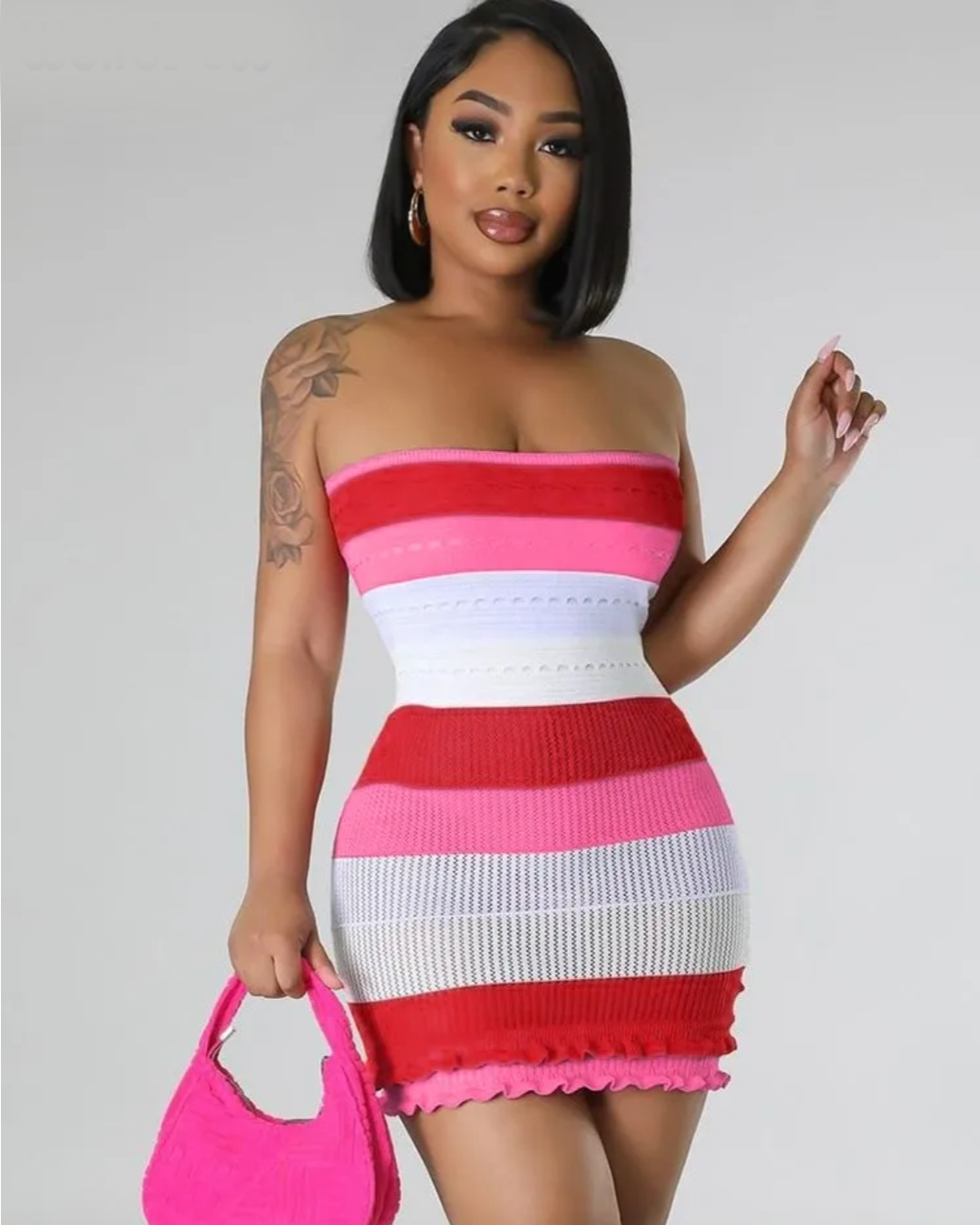 Knitted Striped Tube Dress Red S 