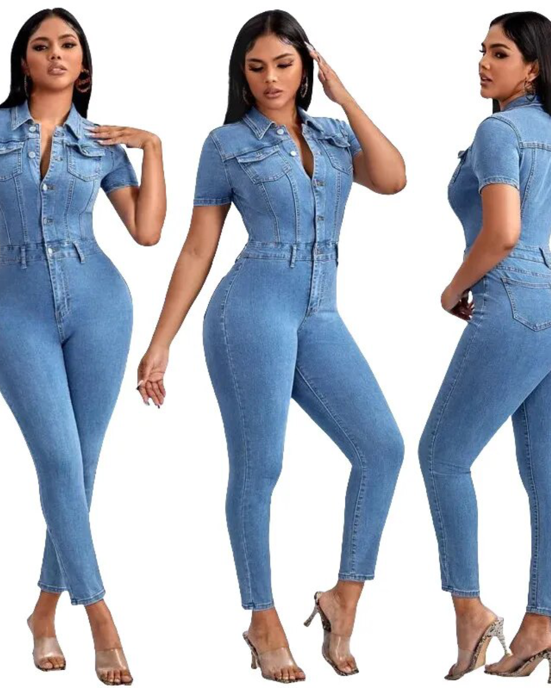 Short Sleeve Button Up Jumpsuit Light  Blue S 