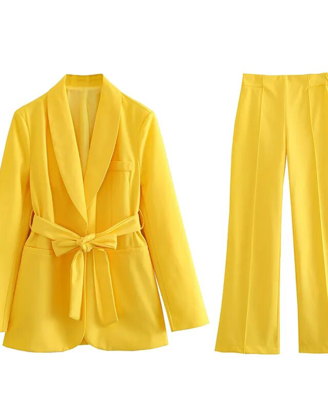 Belted Blazer Top & Pants Set Yellow Set XS 