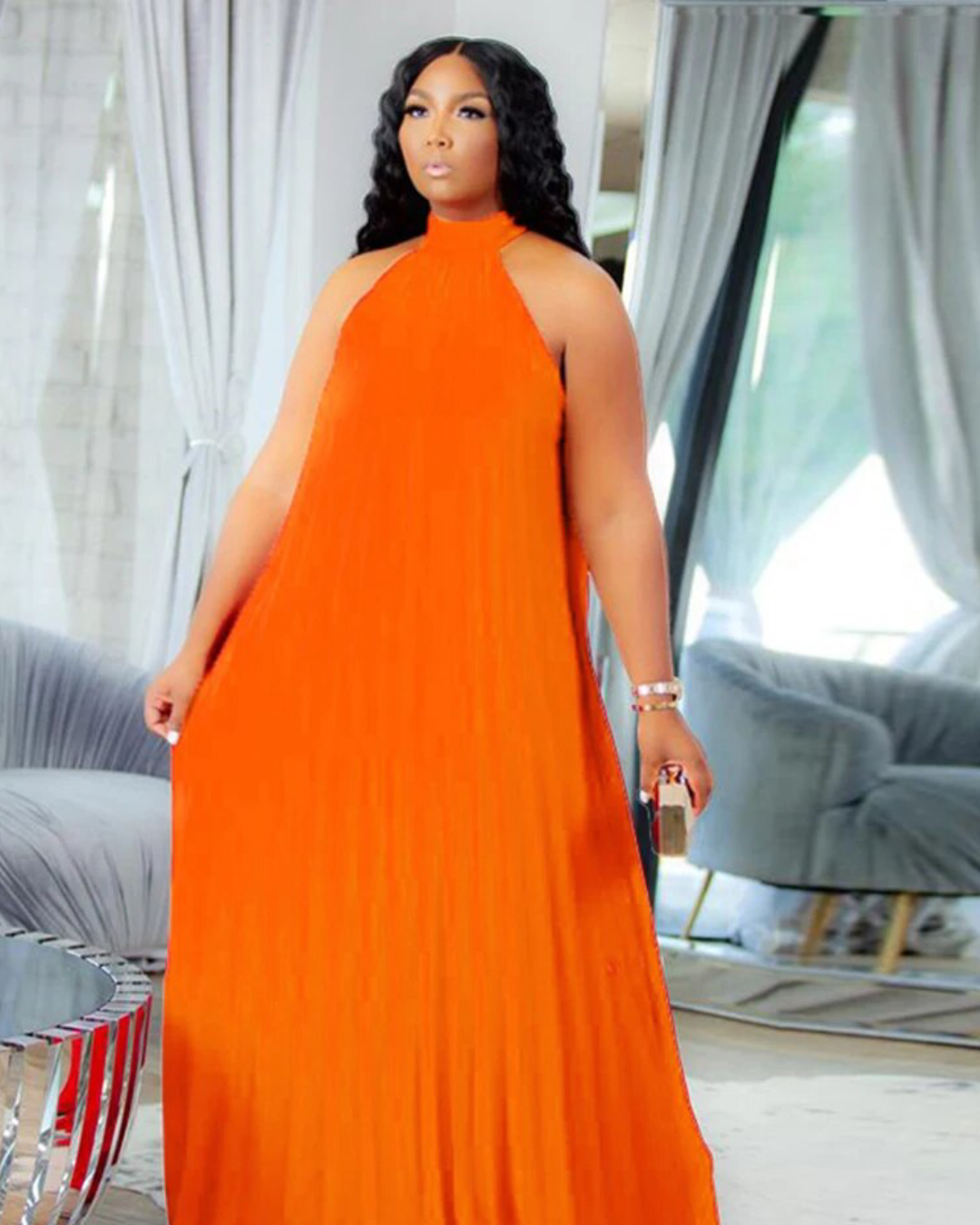 Plus Size Sleeveless Long Halter Dress Orange XL 