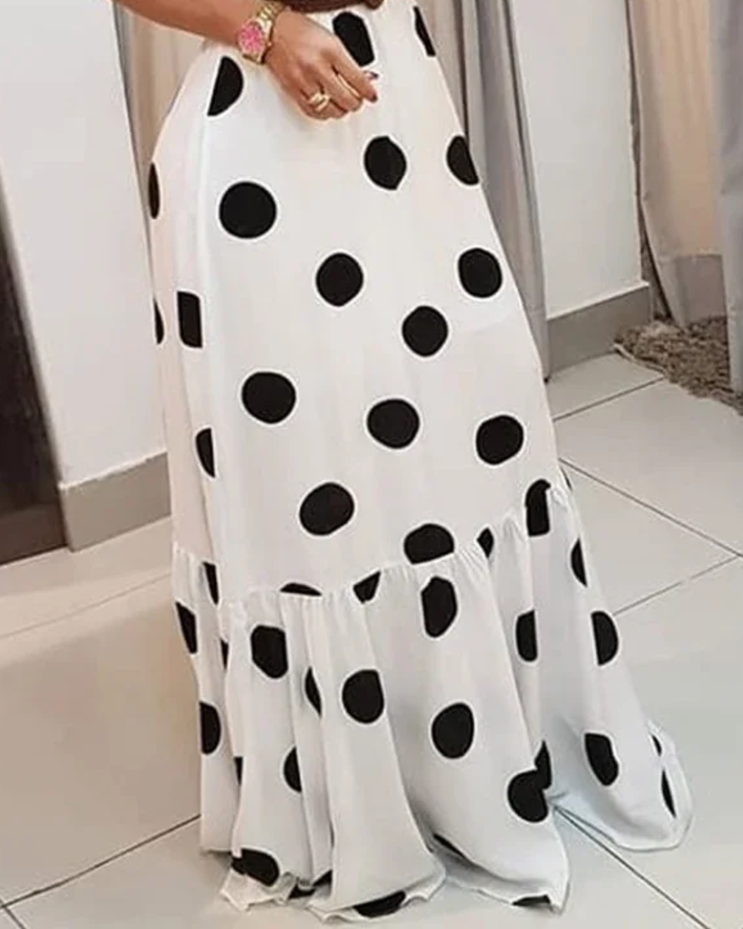 Off Shoulder Polkadot Print Maxi Dress   