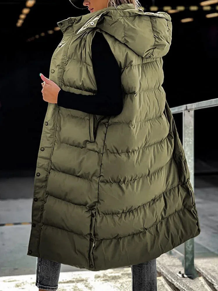 Long Hooded Sleeveless Puffer Jacket Army green S