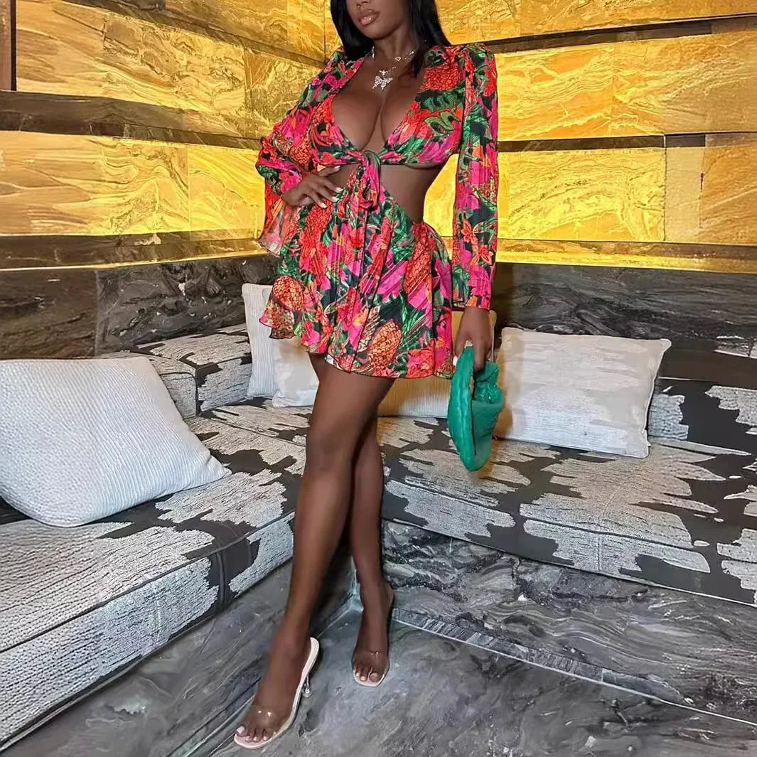 Casual Small Tiny Flower Printed Horn Sleeve Dress red S