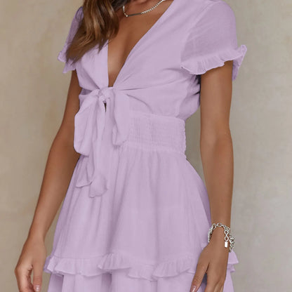 Deep V-Neck Tunic Waist Short Sleeve Purple XL
