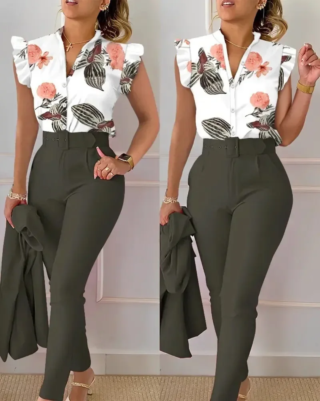 Floral Print Shirt and High Waist Pants with Belt   