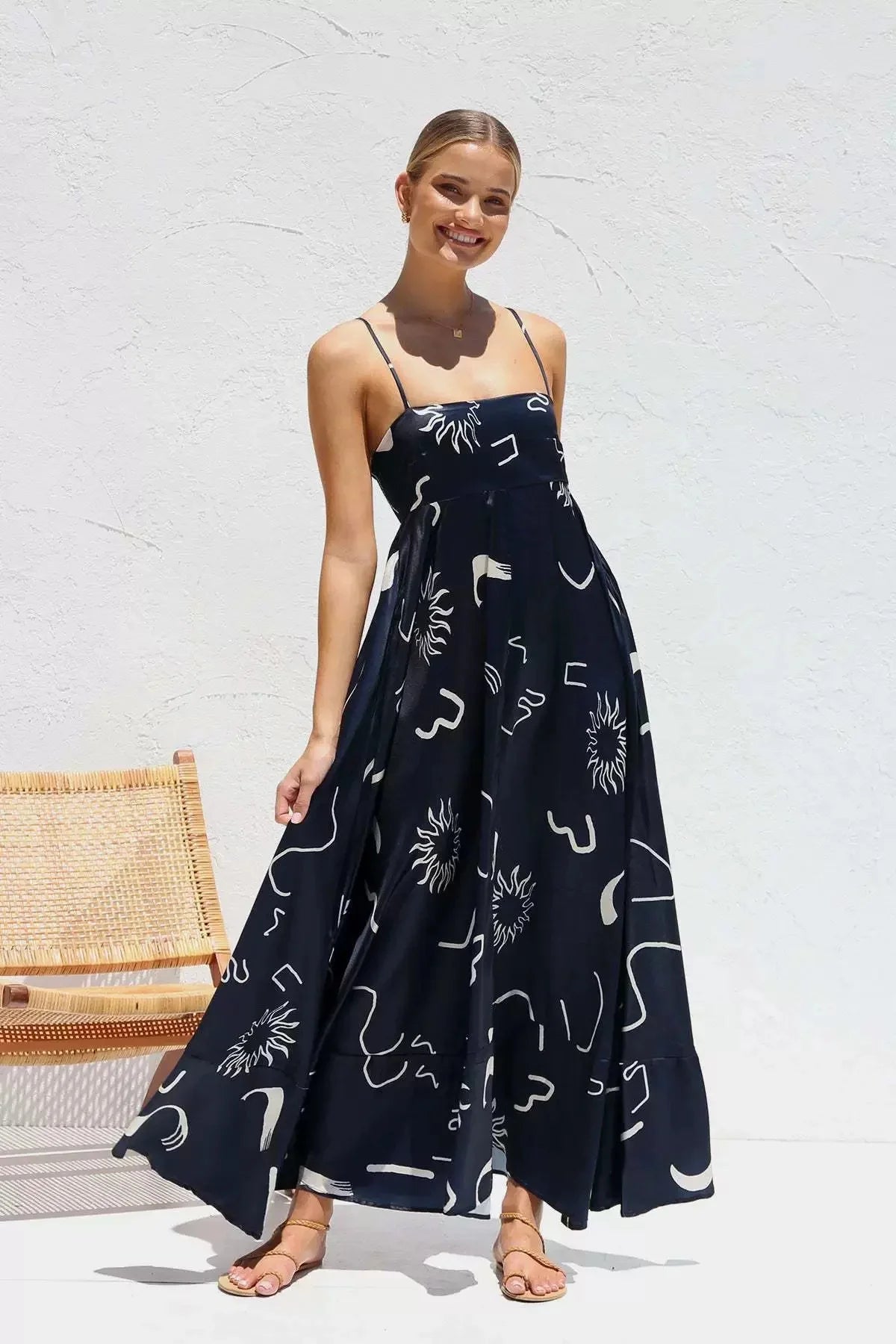 Sexy Off-Shoulder Backless Print Gown S Dark Blue