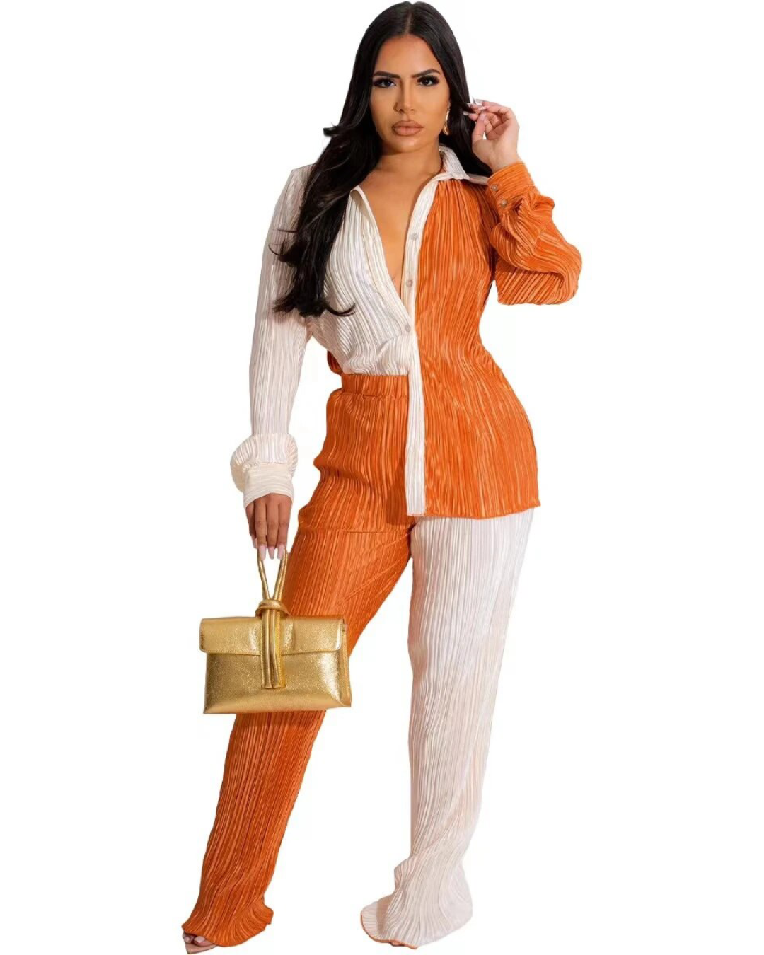 Pleated Spliced Long Sleeve Shirt and Wide Pants Set Orange S 