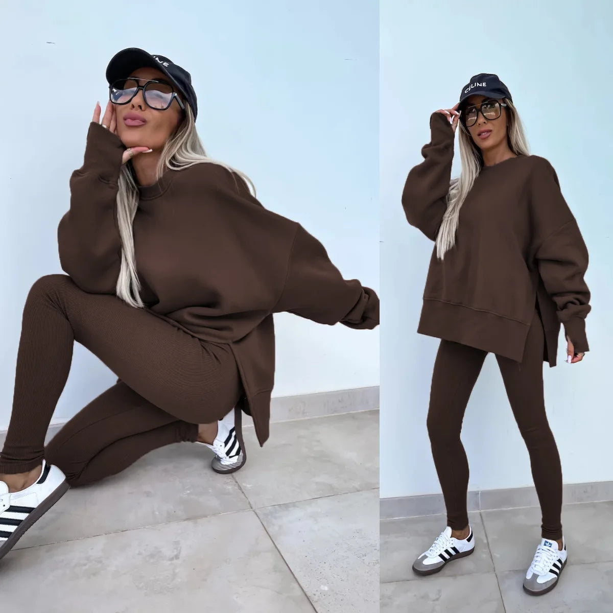 Long Sleeve O-Neck Pullover Sweatshirt 2-Piece Outfit Chocolate L