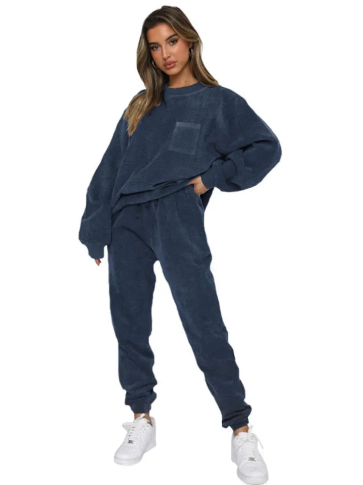 Women's 2-Piece Corduroy Solid Color Pullover with Long Sleeves Lake Blue XL