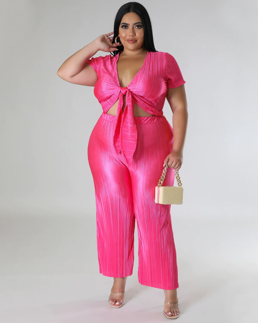 Plus Size Pleated V Neck Two Piece Set Rose L 