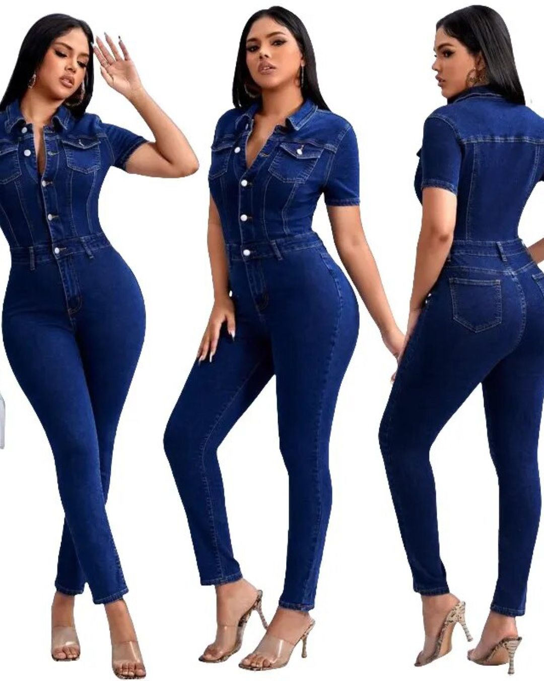 Short Sleeve Button Up Jumpsuit Dark Blue S 