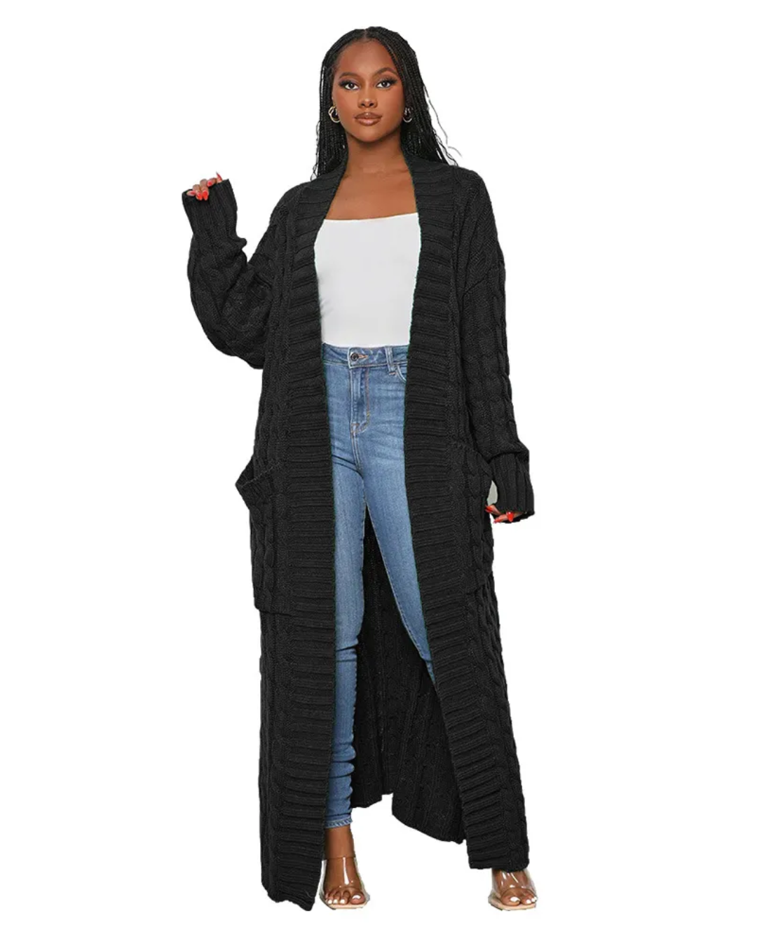 Long Knitted Cardigan V Neck Trench Coat Dark Blue S 