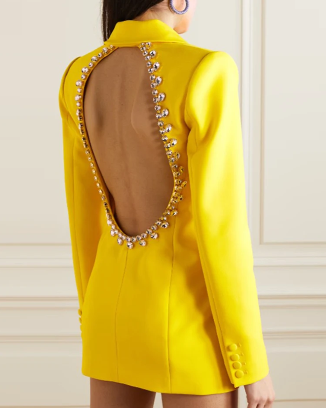 Rhinestone Backless Blazer Jacket Yellow S 