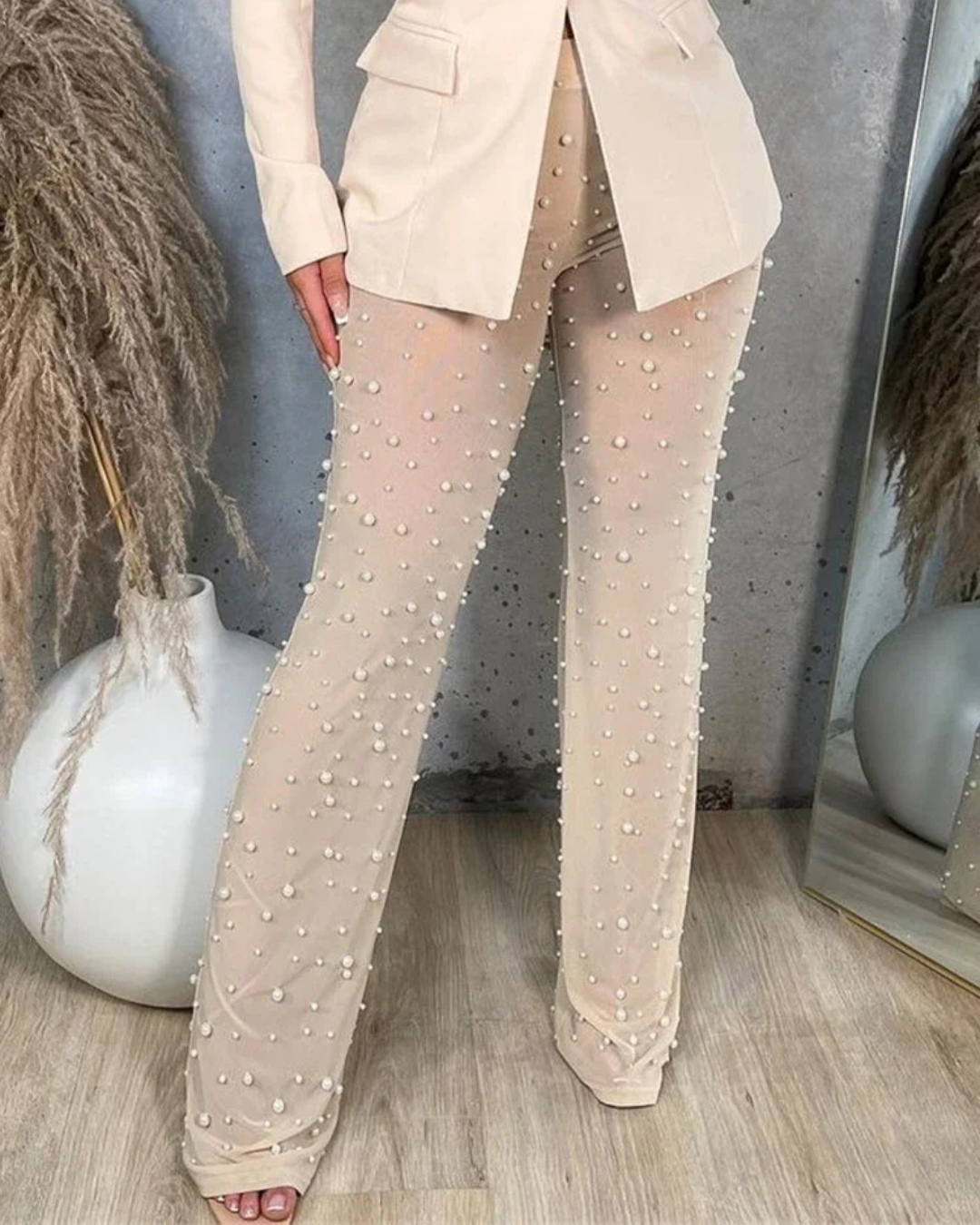Mesh Beading Flare Trousers Apricot S 