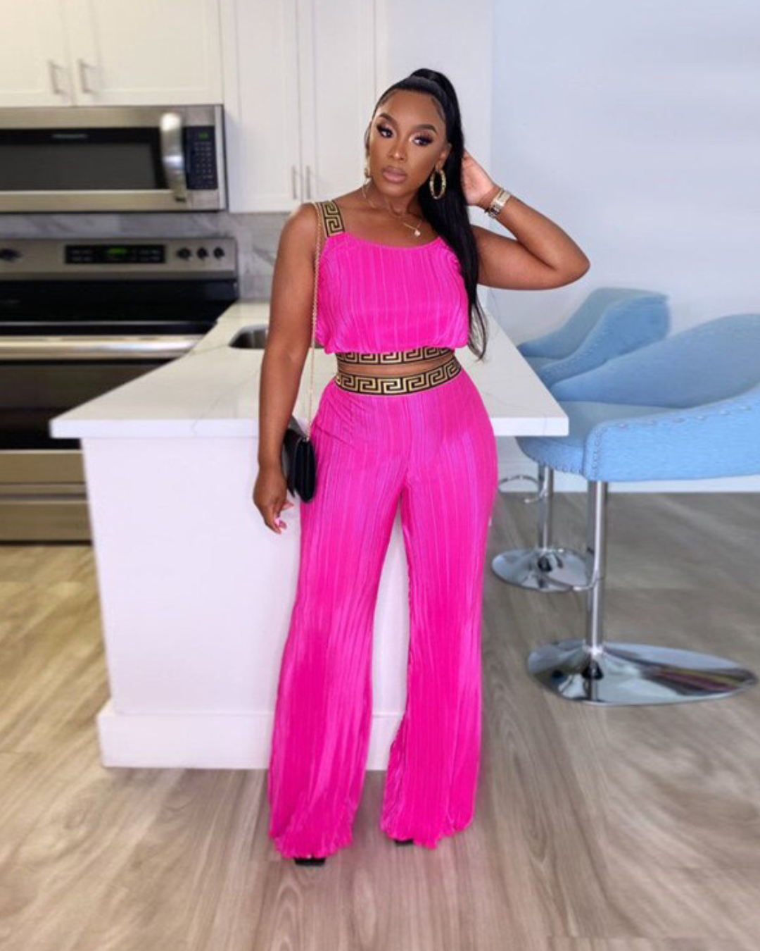 Crop Tank Top Pleated Two Piece Sets Pink Pant Set S 