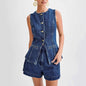 Casual Sleeveless High Waist Denim Shorts Set Blue L