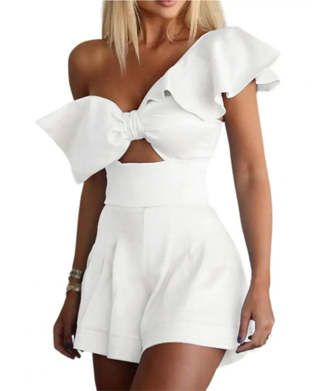 Single Shoulder Bowknot Romper White S 