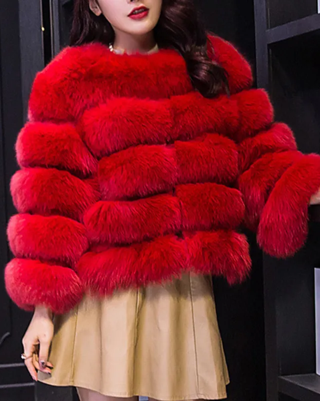 Loose Plush Faux Fur Jacket Red S 