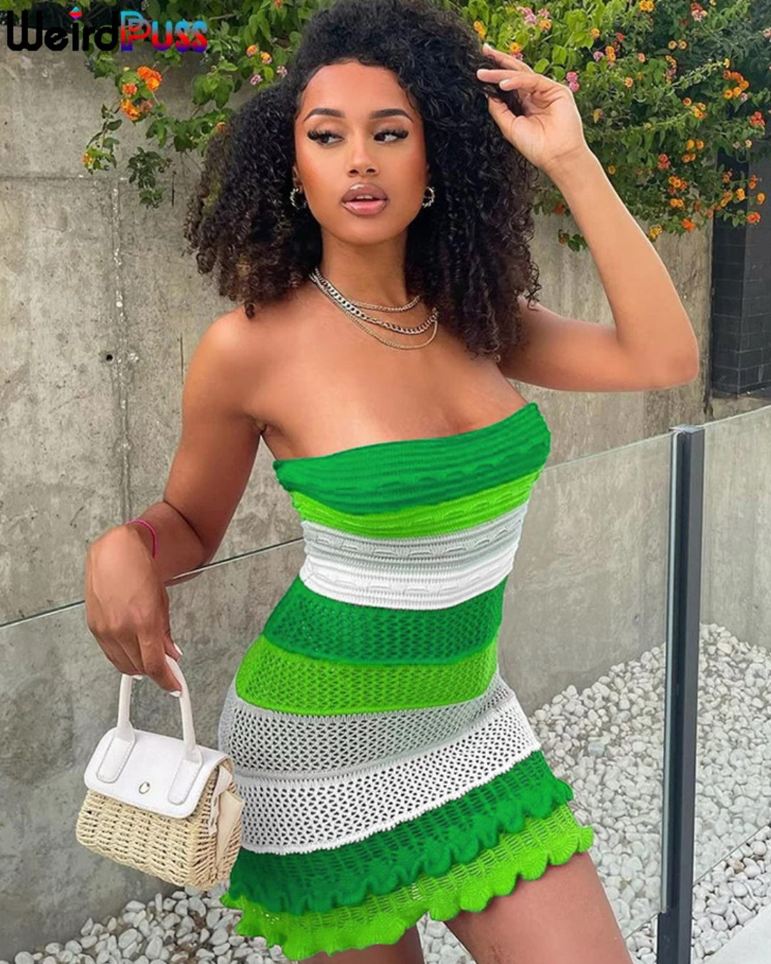 Knitted Striped Tube Dress Green S 