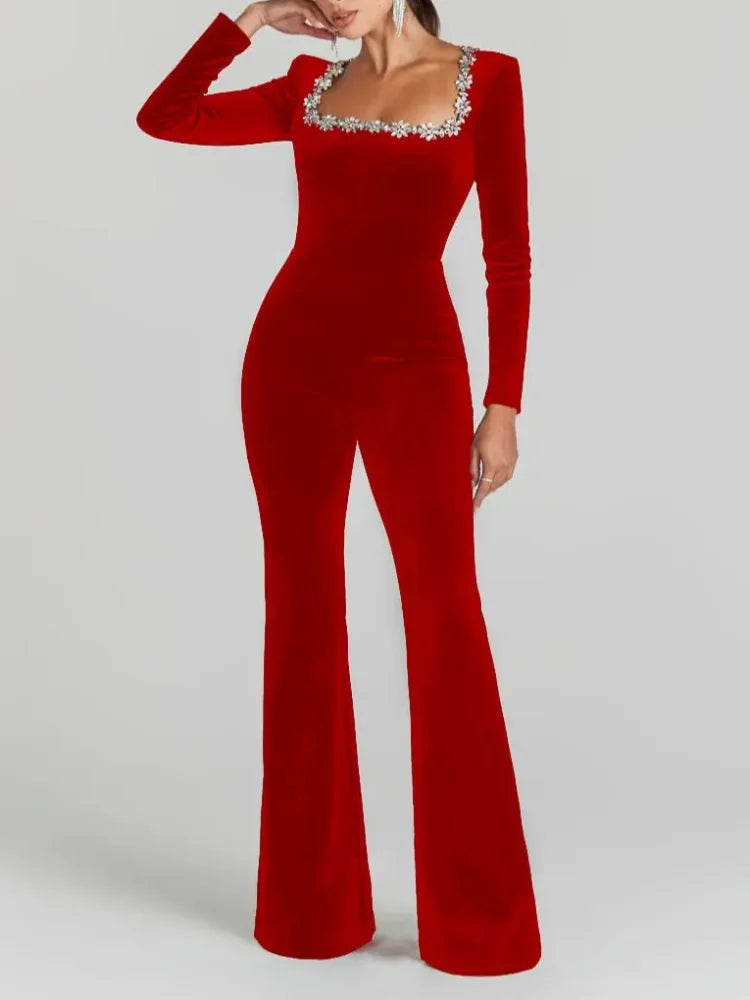 Chic Black Diamond Velvet Square Collar Casual Jumpsuit red S