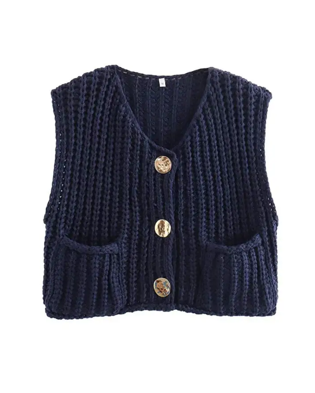 Sleeveless Round Neck Knitted Vest Navy S 