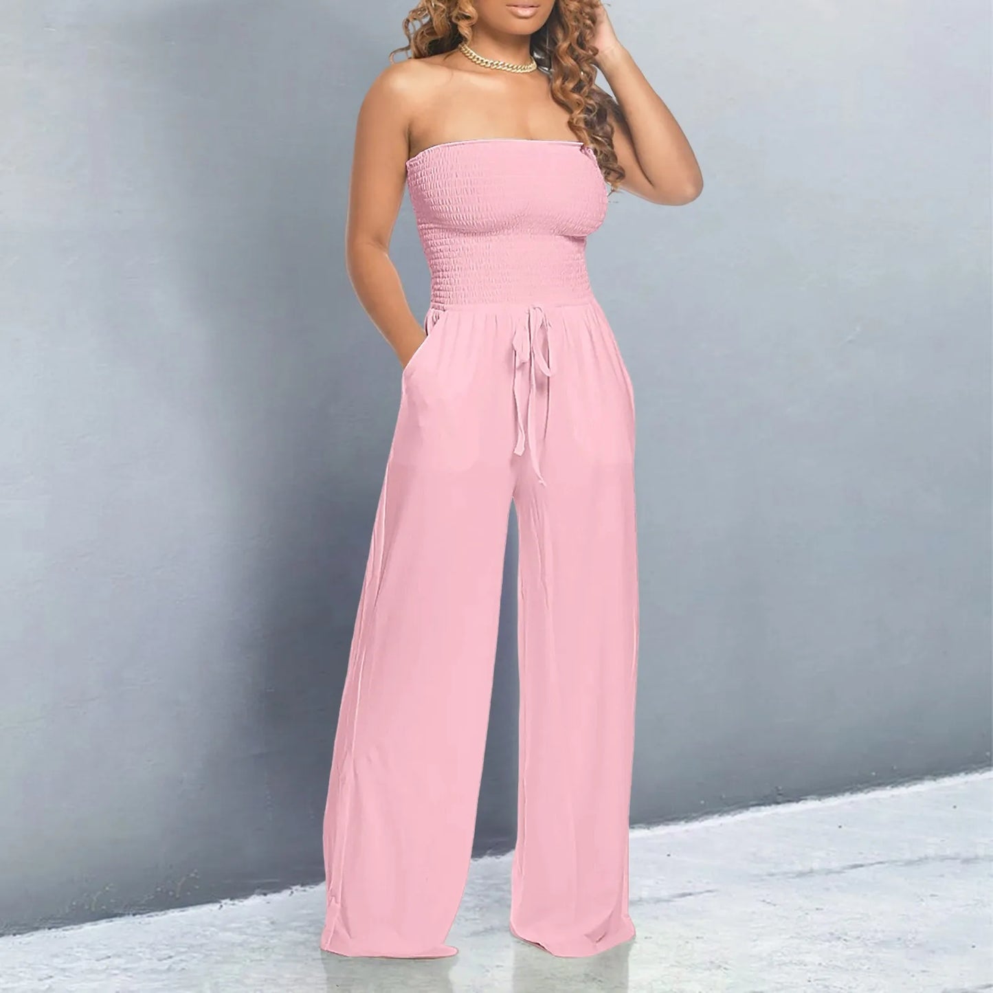 Strapless Ruched Wide-Leg Romper Pink S