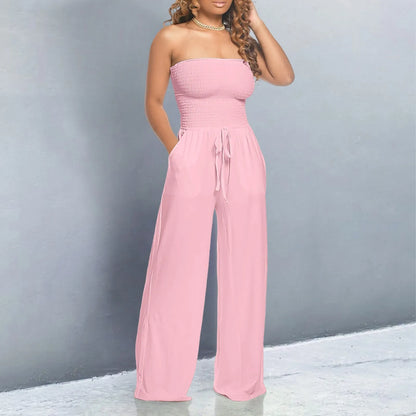 Strapless Ruched Wide-Leg Romper Pink S