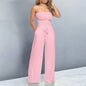 Strapless Ruched Wide-Leg Romper Pink S