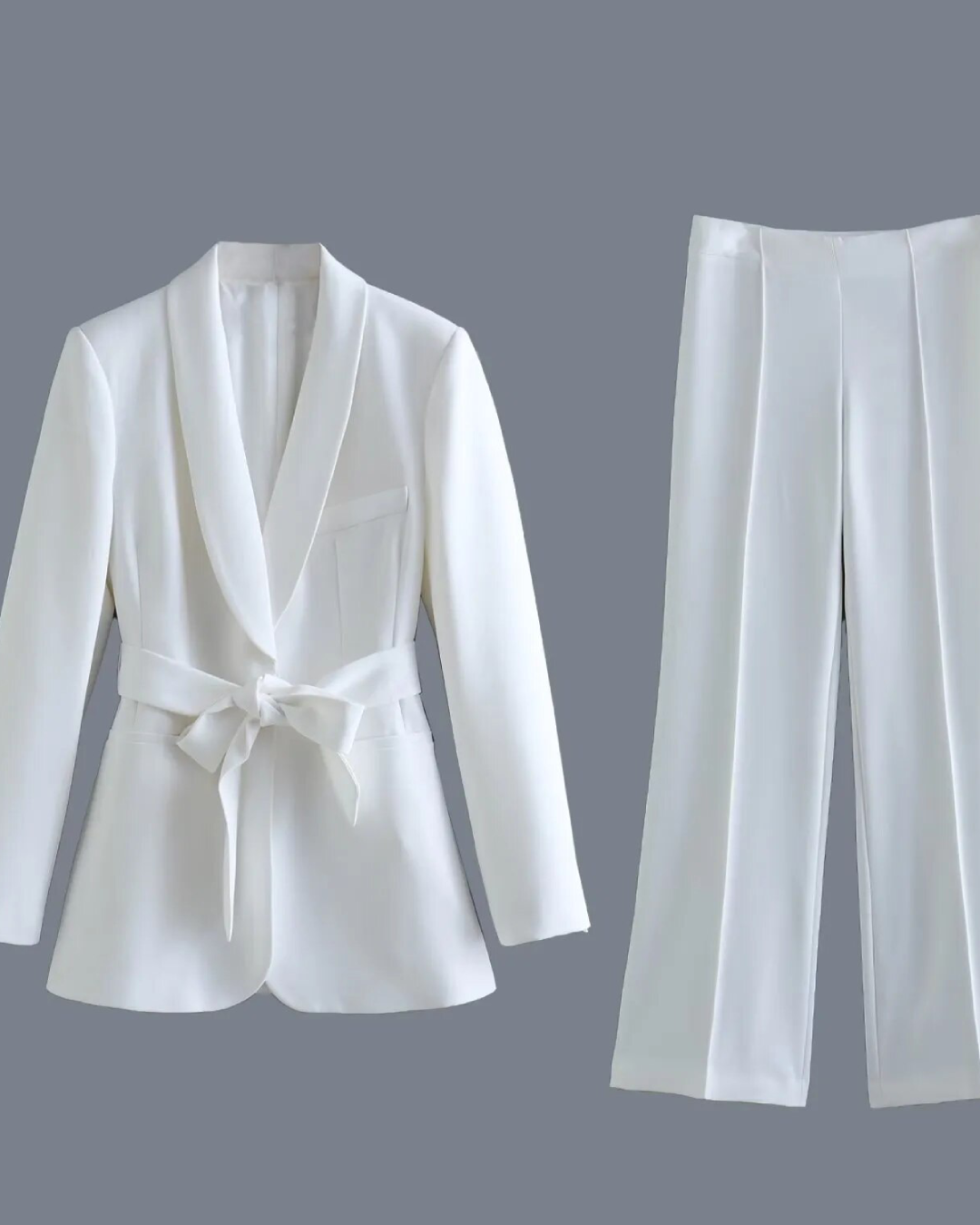 Belted Blazer Top & Pants Set White Set XS 