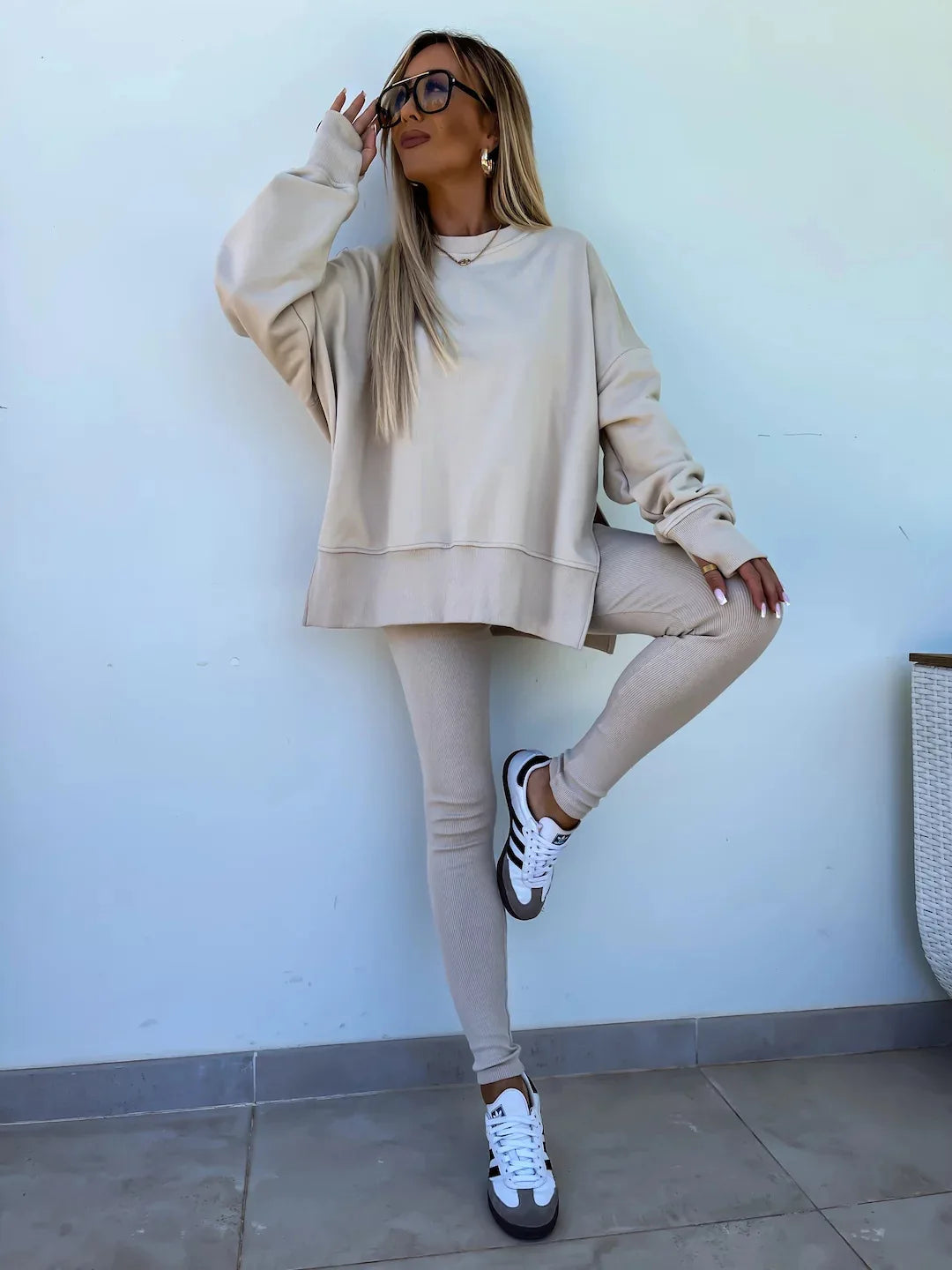 Long Sleeve O-Neck Pullover Sweatshirt 2-Piece Outfit Beige L