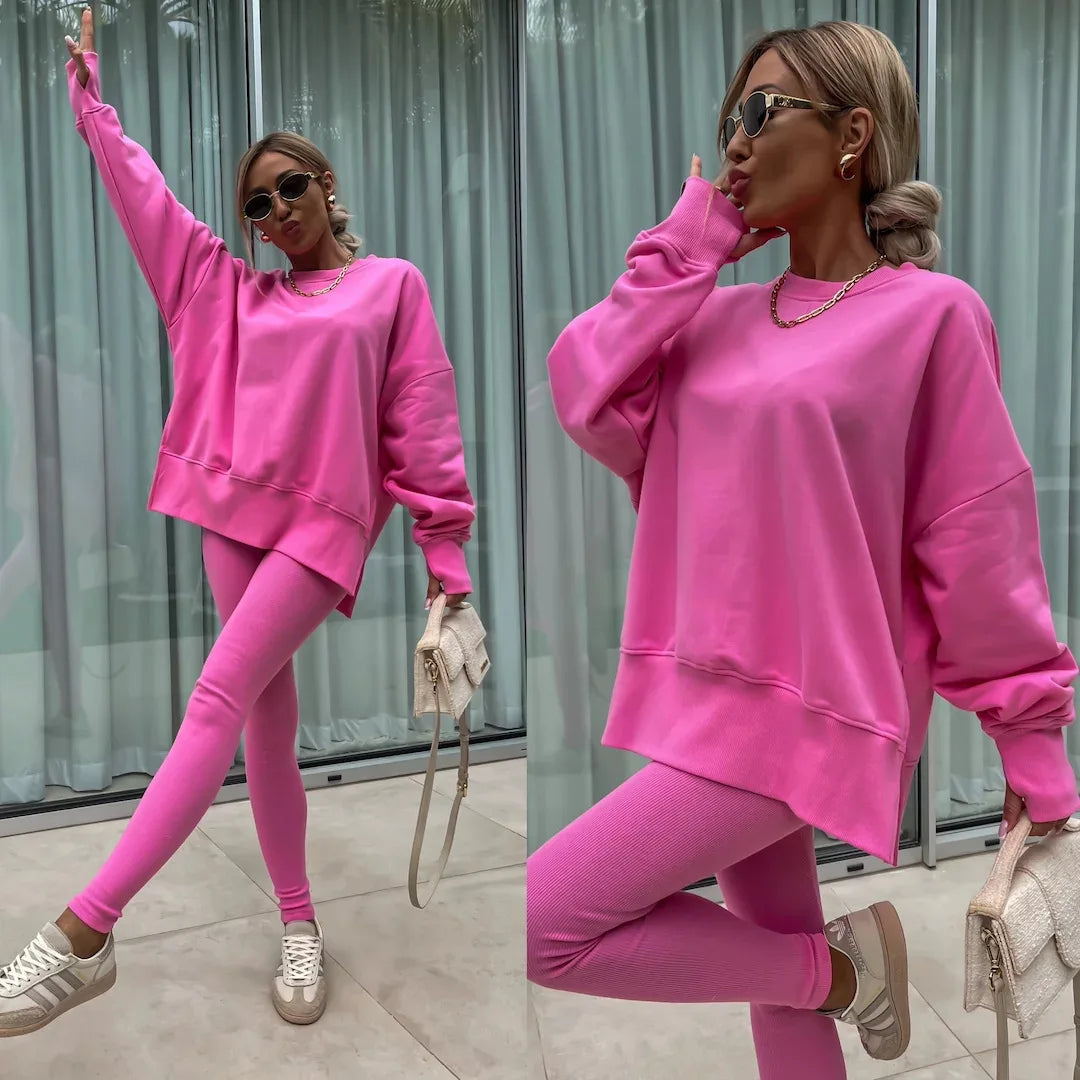 Long Sleeve O-Neck Pullover Sweatshirt 2-Piece Outfit Rose Red L