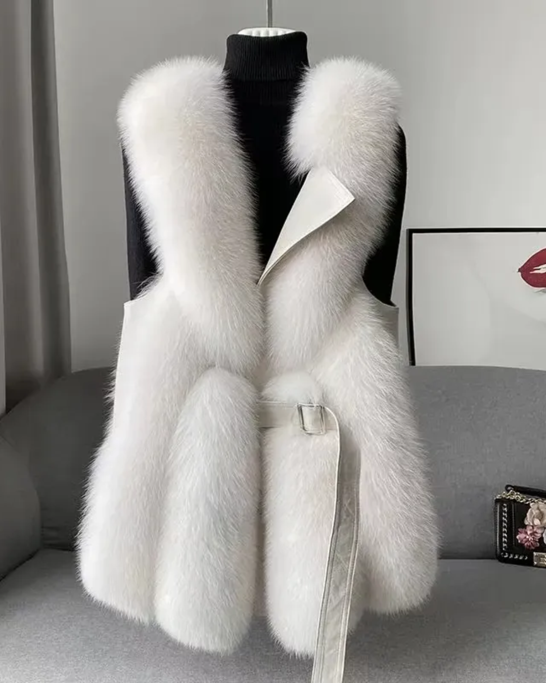 Sleeveless Faux Fur Belted Coat Beige M 