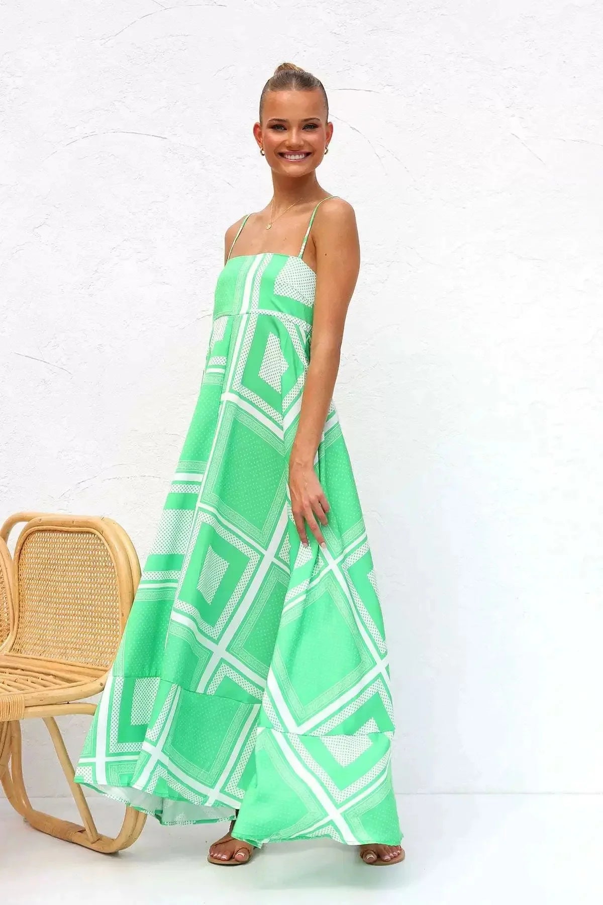 Sexy Off-Shoulder Backless Print Gown M green