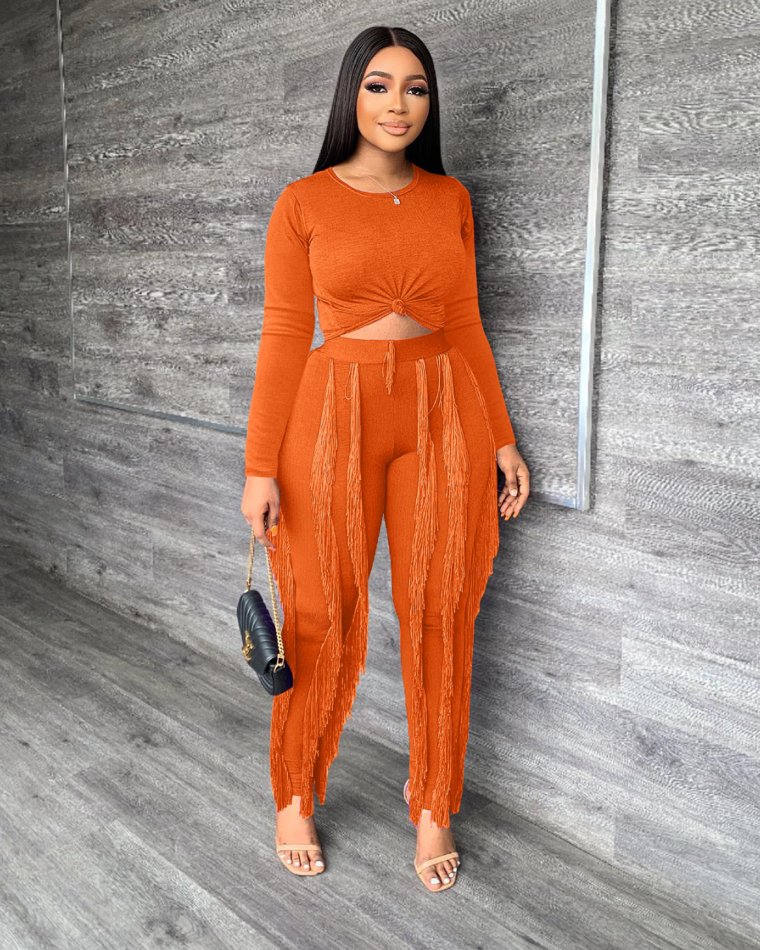 Tassel Knitted Two Piece Set Orange S 