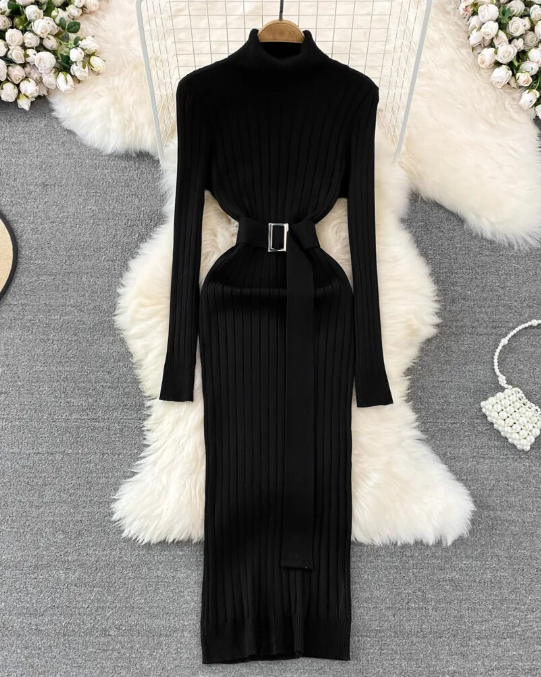 Turtleneck Long Sleeve Knitted Dress Black One Size 