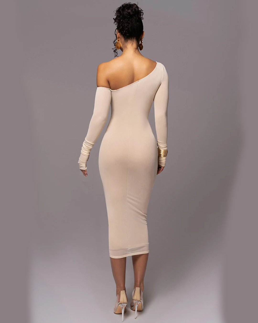Diagonal Collar Long Sleeve Backless Midi Dress   