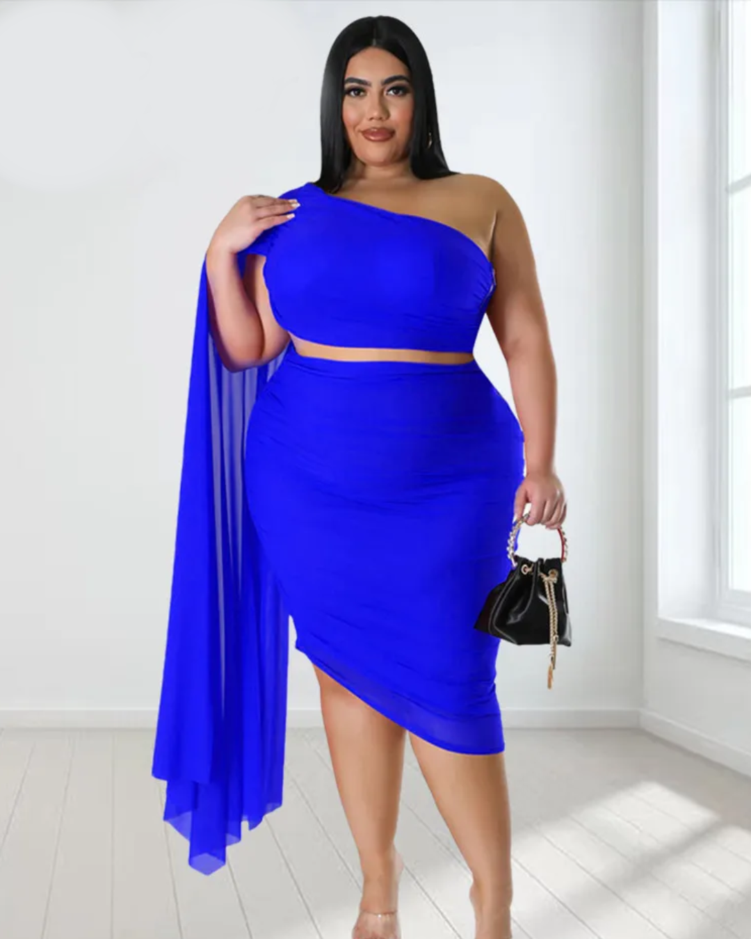 Plus Size Single Sleeve Crop-Top Two Piece Set   