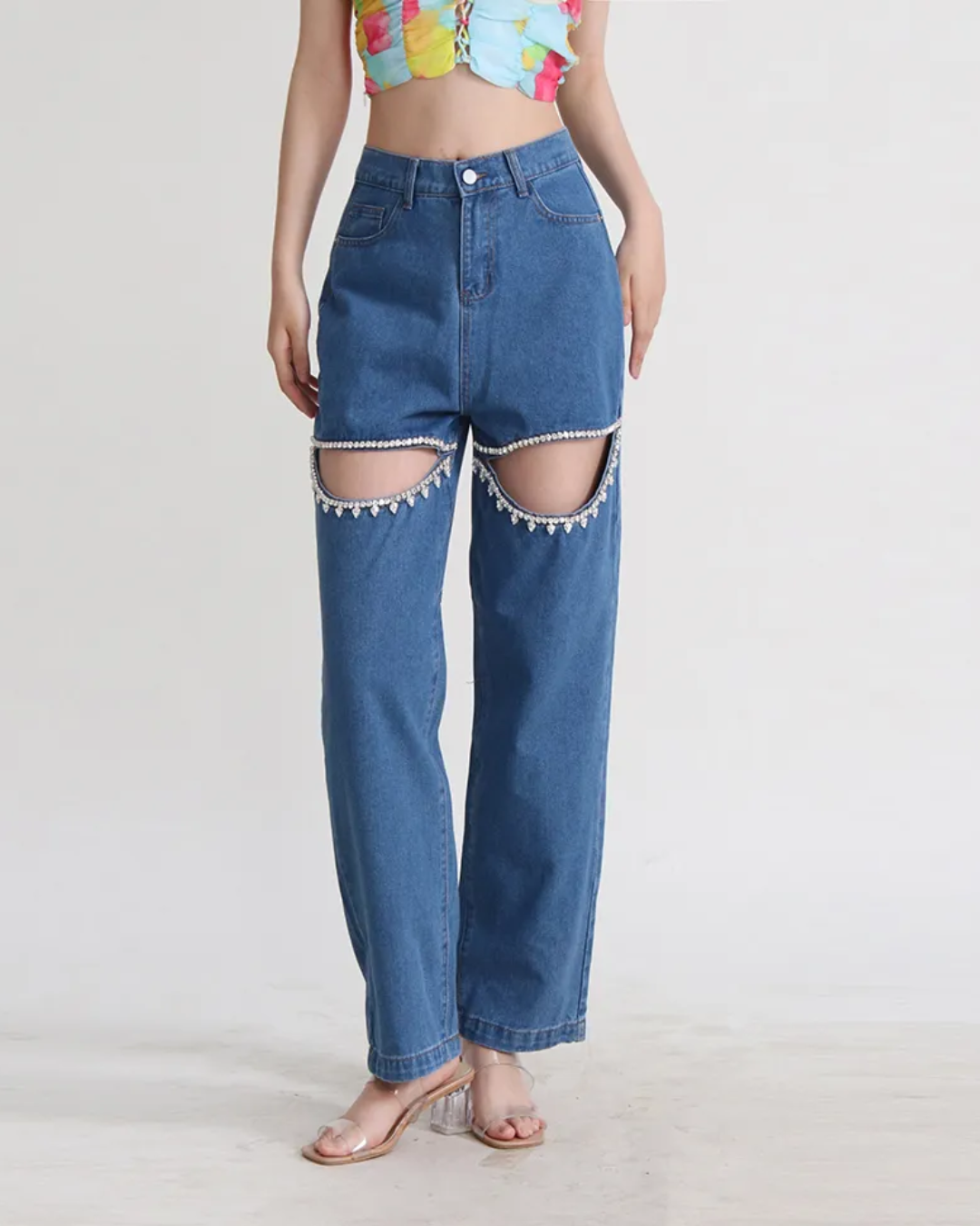 High Waist Patchwork Cutout Pants Dark Blue S 