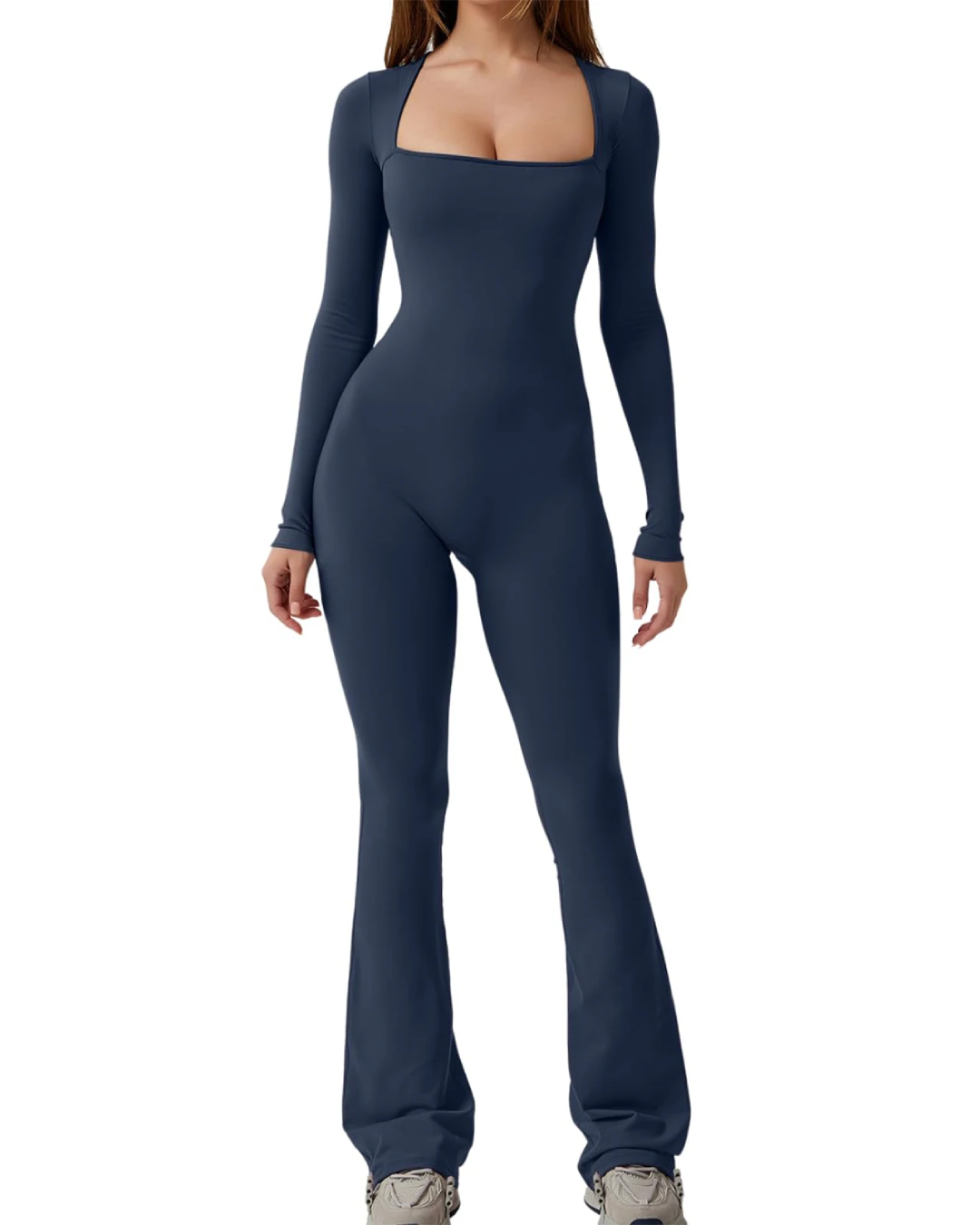 Long Sleeve Square Neck Jumpsuit Dark Blue S 