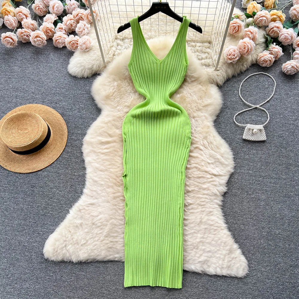 Stretchy Sleeveless Knitted Dress One Size Fluorescent Green