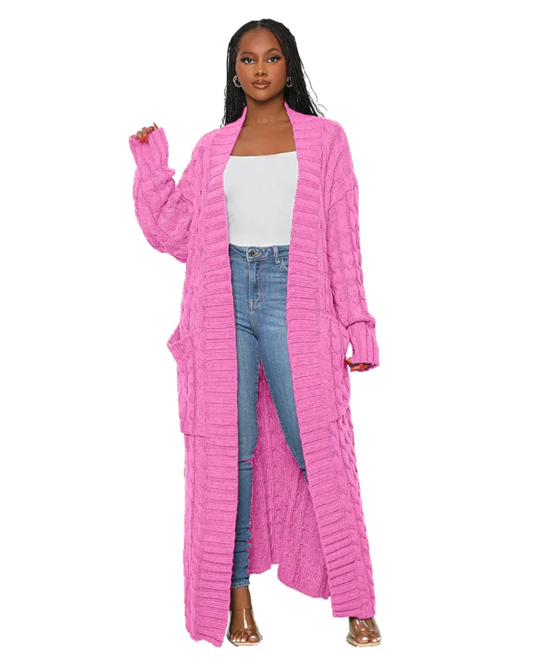 Long Knitted Cardigan V Neck Trench Coat Pink S 