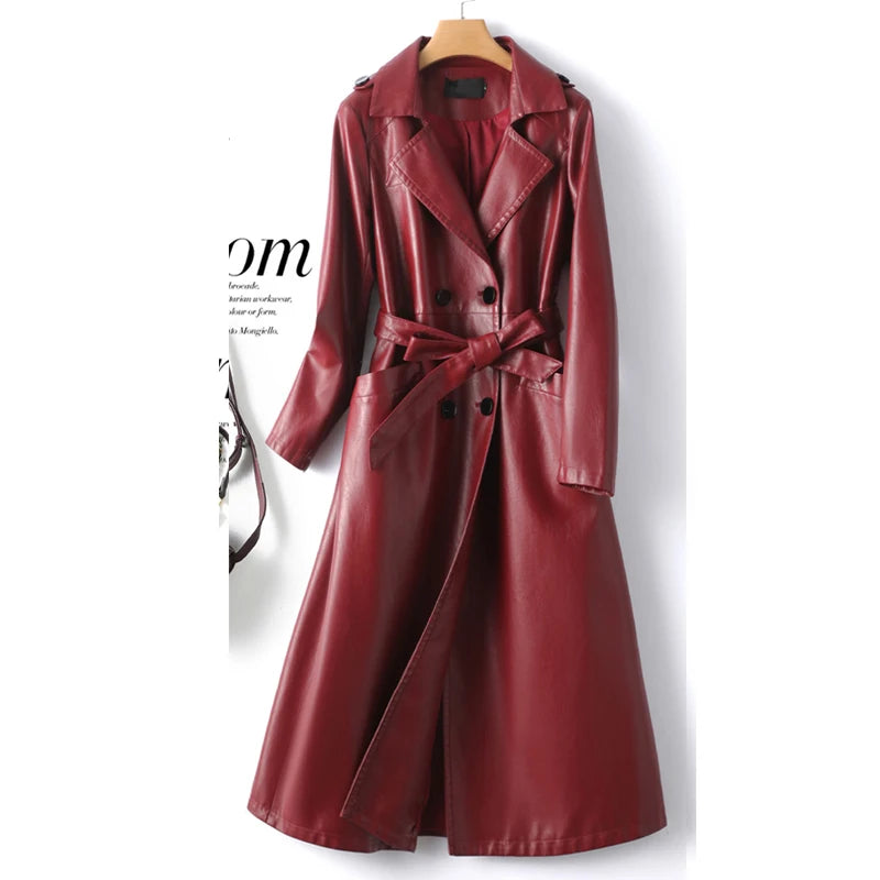 Wine Red Double Breasted Belt Lambskin Sheepskin Trench Coat Burgundy XXXL