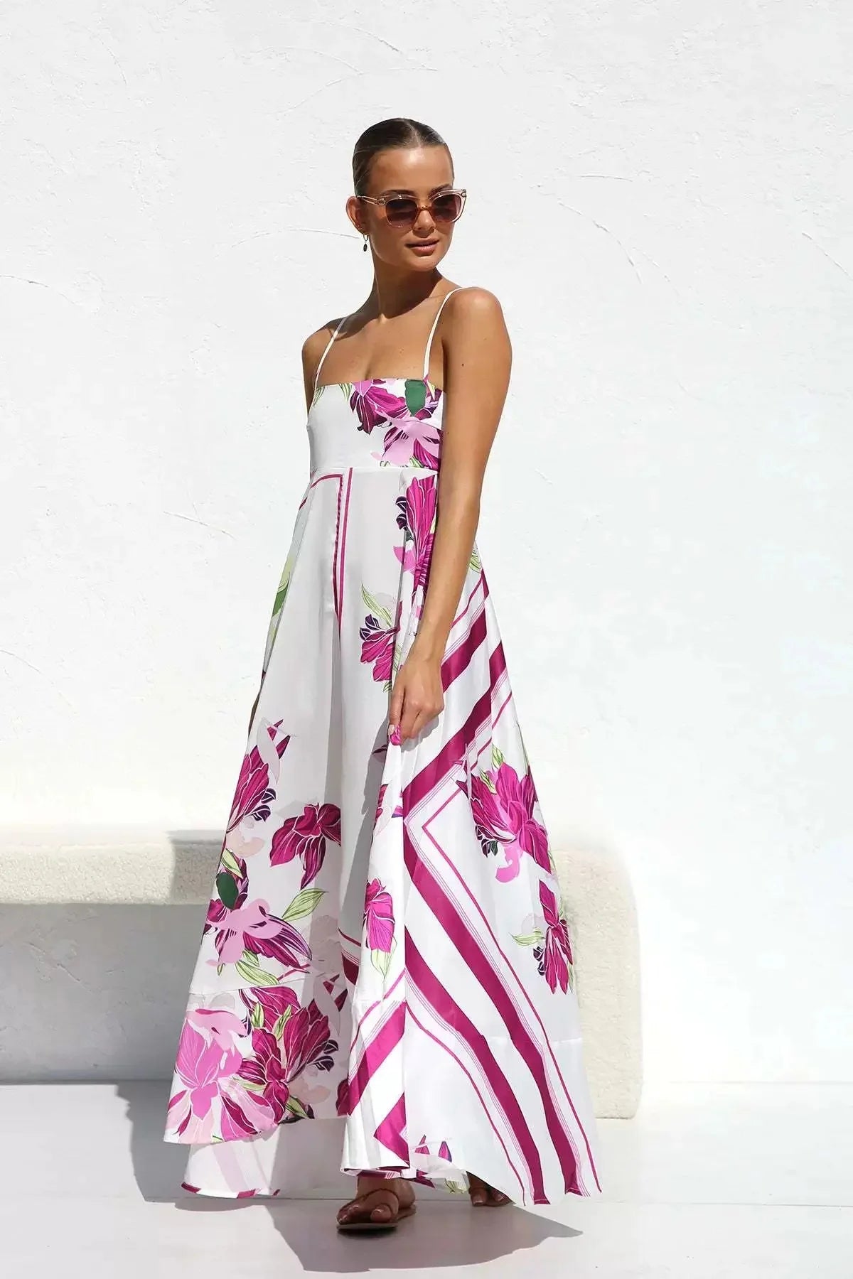 Sexy Off-Shoulder Backless Print Gown L PURPLE