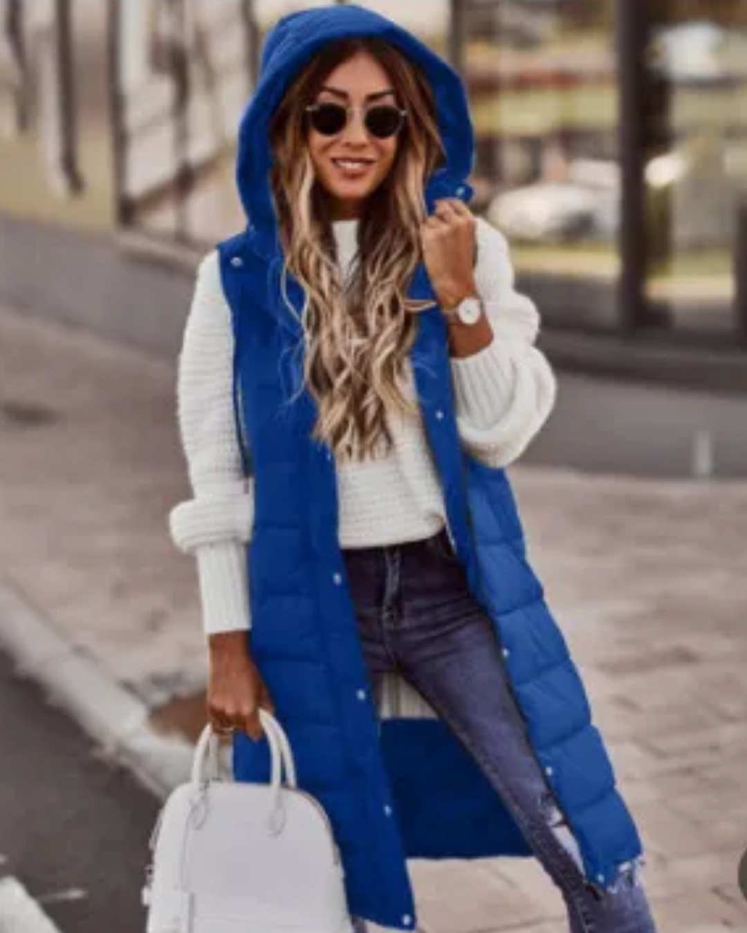 Cotton Padded Long Hooded Jacket Blue S 