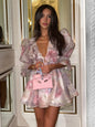 Sexy V-Neck Flare Sleeve Mini Dress Pink L