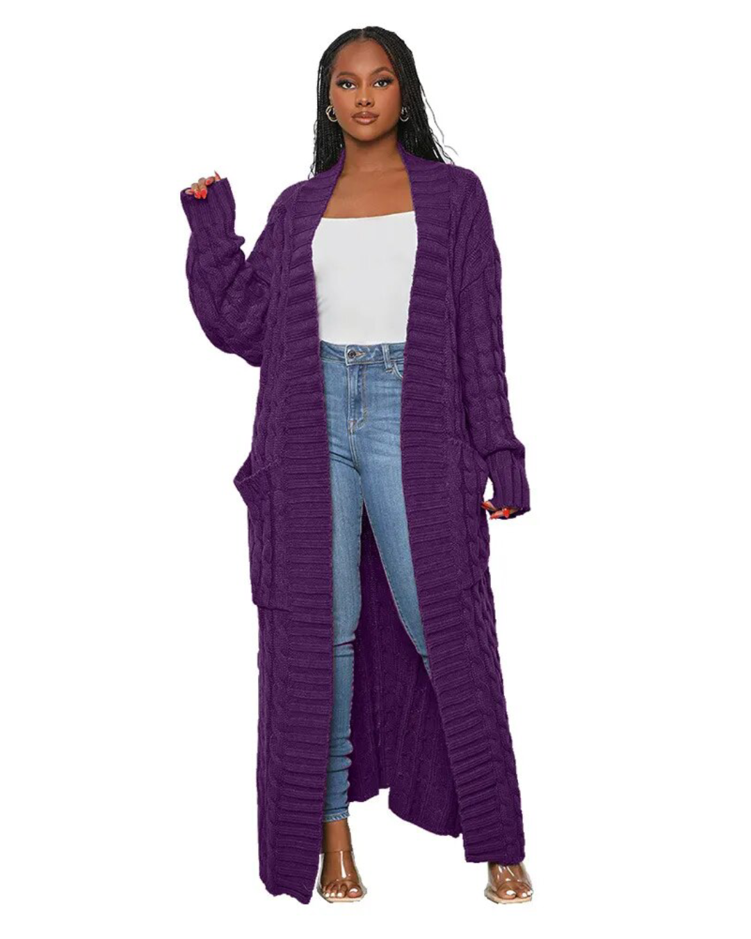 Long Knitted Cardigan V Neck Trench Coat Purple S 