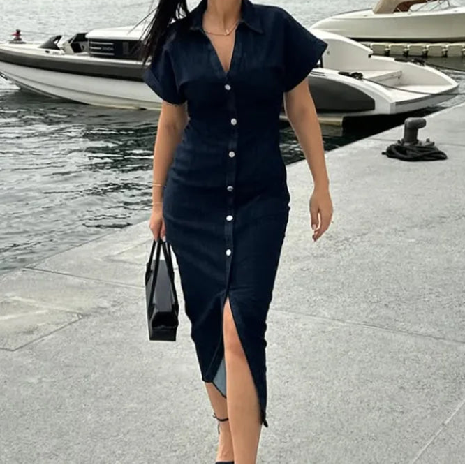 Ruched Waist Popper Front Denim Dress